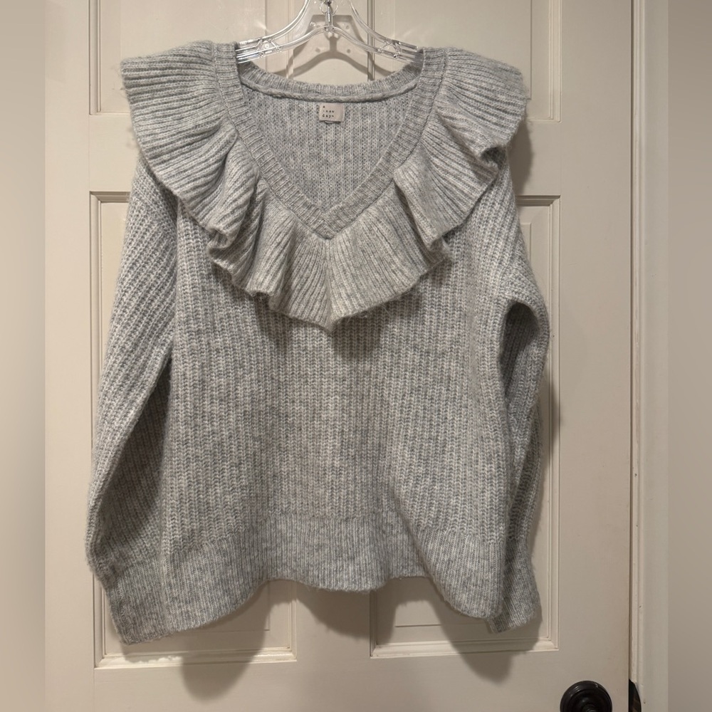 a new day Light Gray Ruffled V-Neck Sweater